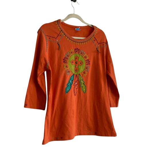 Y2K Sassy Sistas Orange Embroidered Biker Native American Loose Fit Top size XL - Picture 3 of 16